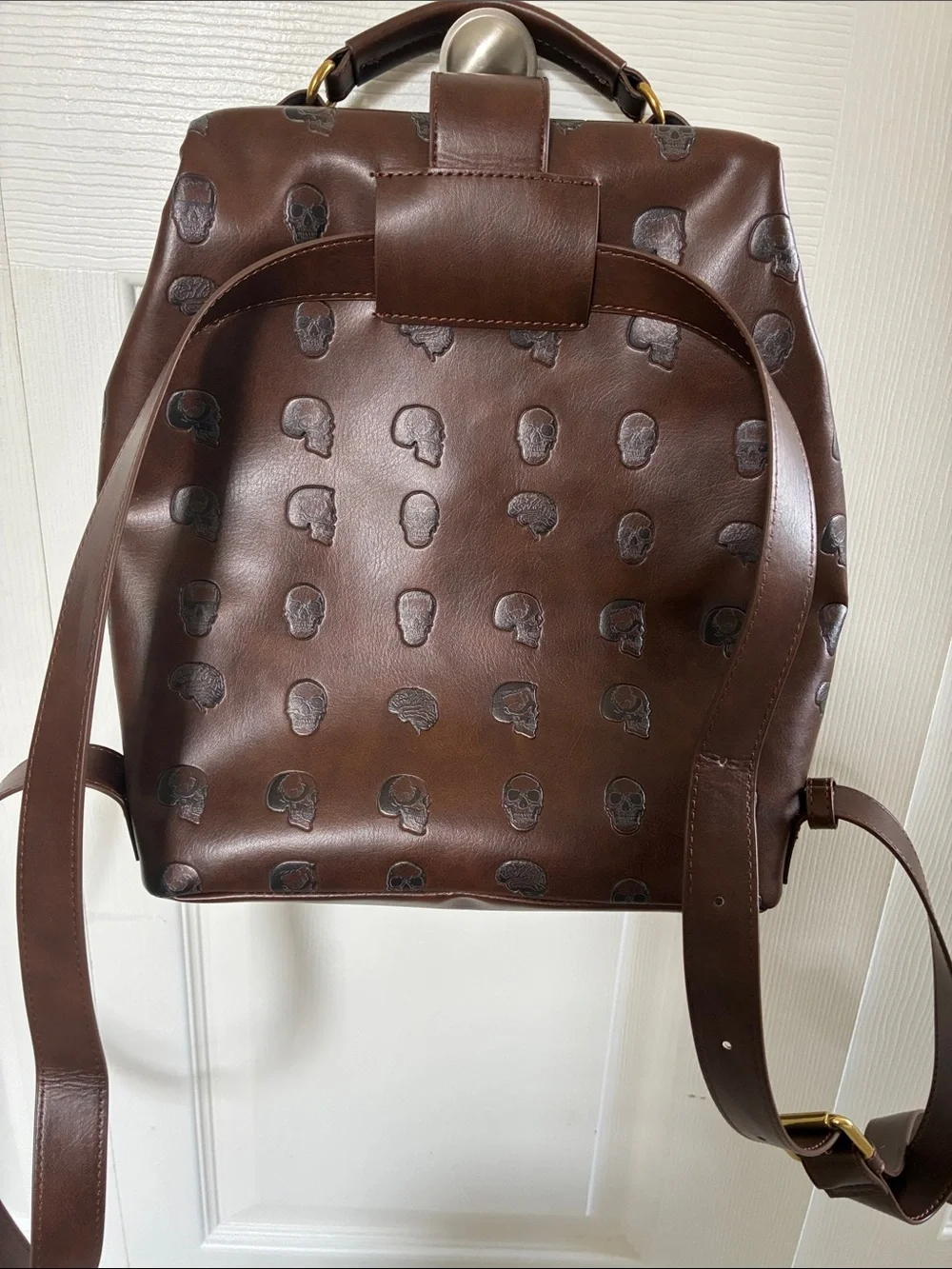 Brown Skull-Embossed Faux Leather Backpack with Gold Hardware